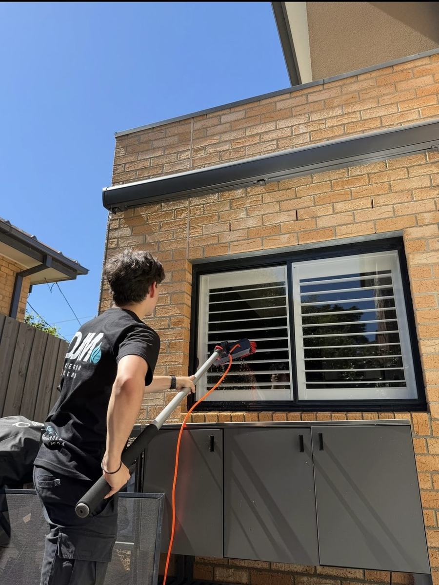 DJM cleaning windows with a water-fed pole